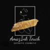 AmazINK Touch logo featuring an elegant gold brush stroke with minimalist line art of a woman’s profile, symbolizing beauty, confidence, and esthetic cosmetic artistry.